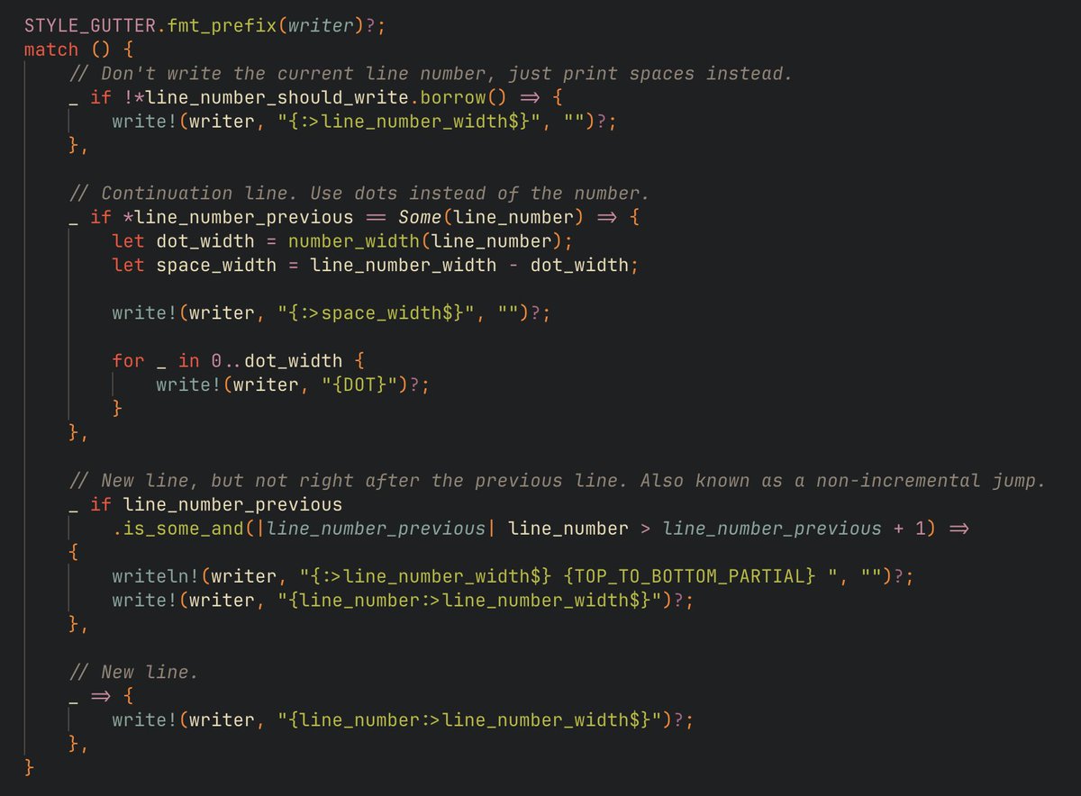 HSVSphere's tweet image. This pattern has been growing on me:

match () {
  _ if &amp;lt;condition&amp;gt; =&amp;gt; expr,

  _ if &amp;lt;condition&amp;gt; =&amp;gt; expr,

  _ =&amp;gt; expr,
}

Basically an if-else but much cleaner syntactically IMO.
