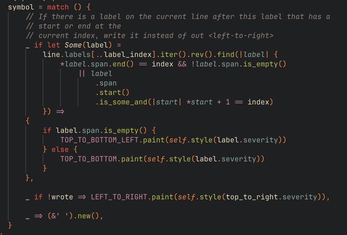 HSVSphere's tweet image. This pattern has been growing on me:

match () {
  _ if &amp;lt;condition&amp;gt; =&amp;gt; expr,

  _ if &amp;lt;condition&amp;gt; =&amp;gt; expr,

  _ =&amp;gt; expr,
}

Basically an if-else but much cleaner syntactically IMO.