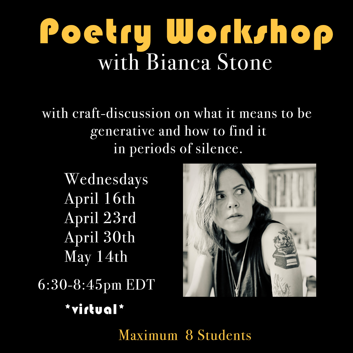 Bianca Stone (@biancastone) on Twitter photo Deep analysis of poems, and important discussion of erroneous ideas of "productivity" and the "generative"
One class dedicated to craft, three full workshops. <a href="/RuthStoneHouse/">Ruth Stone House</a>
classroom.ruthstonehouse.org/product/poetry… Deep analysis of poems, and important discussion of erroneous ideas of "productivity" and the "generative"
One class dedicated to craft, three full workshops. <a href="/RuthStoneHouse/">Ruth Stone House</a>
classroom.ruthstonehouse.org/product/poetry…