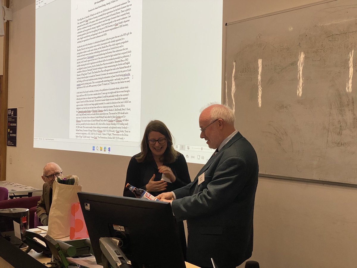 ScottishHistSoc's tweet image. What a fantastic day! Thank you to all speakers &amp;amp; attendees. To our President Dr James Robertson for yet another stimulating annual address &amp;amp; our outgoing convenor Prof Dauvit Broun for a staggering 18 years (!) service, pictured below with incoming convenor Prof Annie Tindley