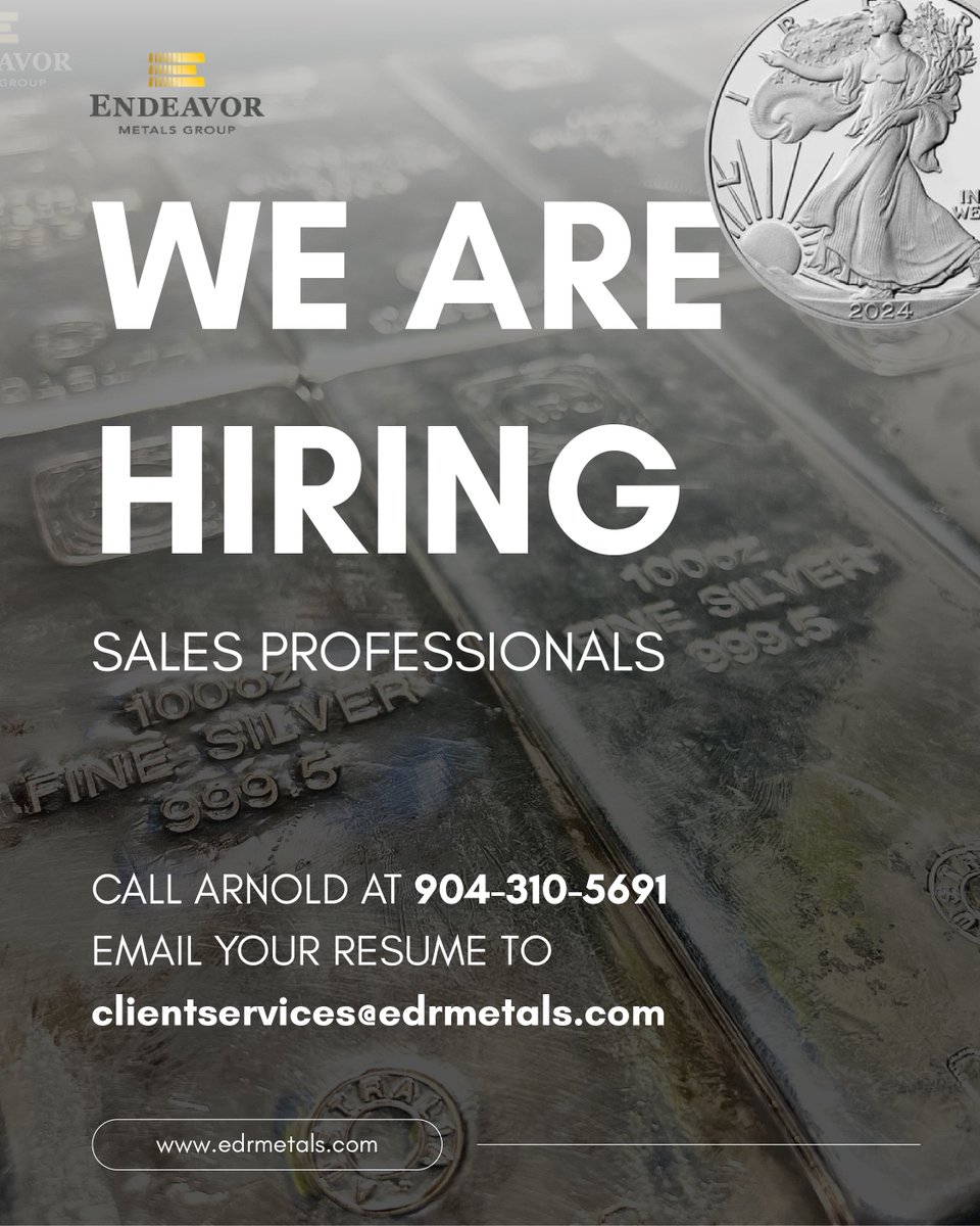 MetalsEndeavor's tweet photo. WE’RE HIRING!🚨

We’re seeking motivated individuals who are persistent, dedicated, and ready to be trained as Sales Professionals.  

Give Arnold a call at 904-310-5691 send your resume to clientservices@edrmetals.com to schedule your interview! https://t.co/yP8SI3PAYW