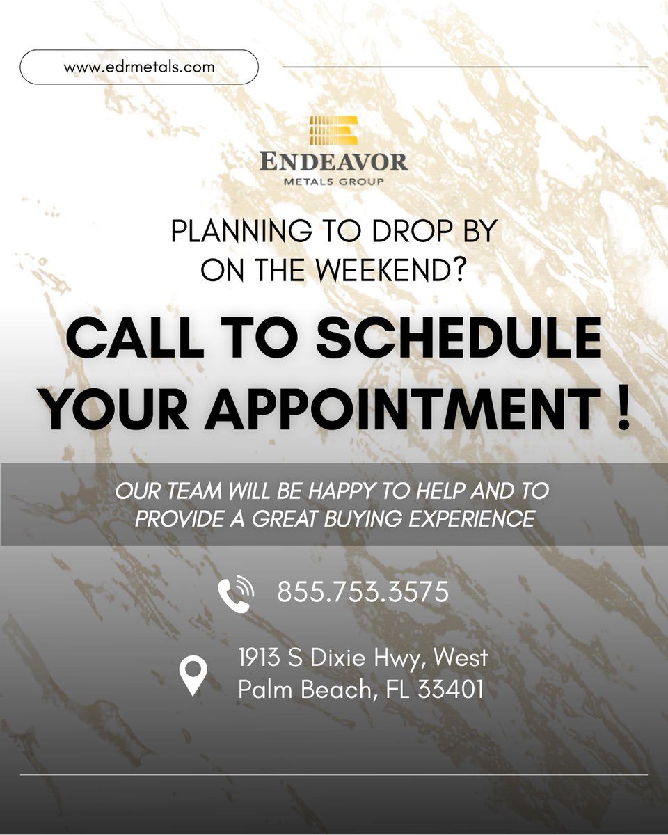 MetalsEndeavor's tweet photo. Planning a visit soon? 📅

Don’t forget—weekend visits are by appointment only! 

Schedule your spot for a seamless, efficient experience.  
Call us at (855) 753-3575 to reserve your appointment.  

📍 Visit us at: 1913 S Dixie Hwy, West Palm Beach, FL 33401 https://t.co/XcgWC8bu4T
