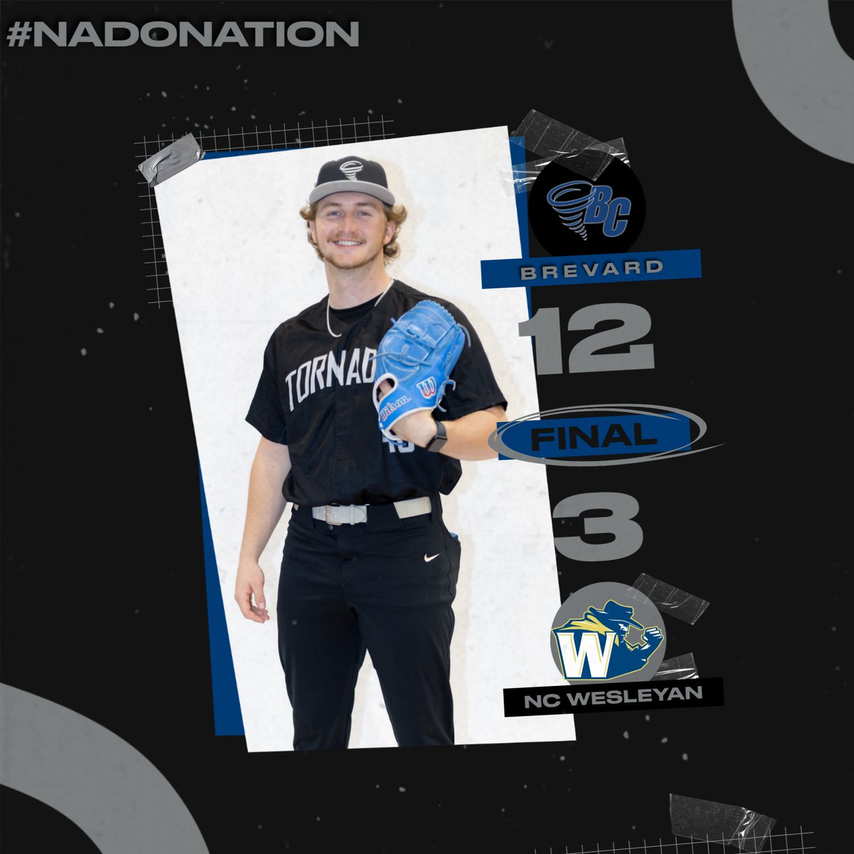 Baseball: FINAL (Game One of DH) | Brevard 12, NC Wesleyan 3 at Gil Coan Field. TORNADOS WIN!!! <a href="/BCNadoBaseball/">Brevard College Baseball</a> cruises and clinches the series! 

CP Pyle: 3-for-5, 2 RS
Hayden Jennings: 3-for-4, 3-run HR
Frankie Vasquez: 2-run HR, 3 RBI

#NadoNation #d3baseball
