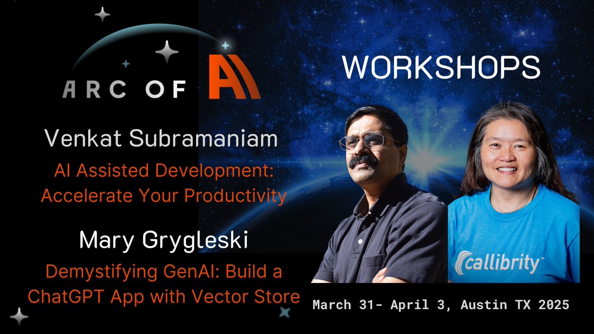 arcofai (@arcofai) on Twitter photo Don't forget we have two full-day hands-on training workshops to level-up your skills to the max! Got a standard ticket? Why not add on a workshop too?💥
Join <a href="/venkat_s/">Venkat Subramaniam</a>, & <a href="/mgrygles/">Mary Grygleski</a> for their workshops Monday!
arcofai.com/schedule
🎟️@ arcofai.com
Use code X50OFF Don't forget we have two full-day hands-on training workshops to level-up your skills to the max! Got a standard ticket? Why not add on a workshop too?💥
Join <a href="/venkat_s/">Venkat Subramaniam</a>, & <a href="/mgrygles/">Mary Grygleski</a> for their workshops Monday!
arcofai.com/schedule
🎟️@ arcofai.com
Use code X50OFF