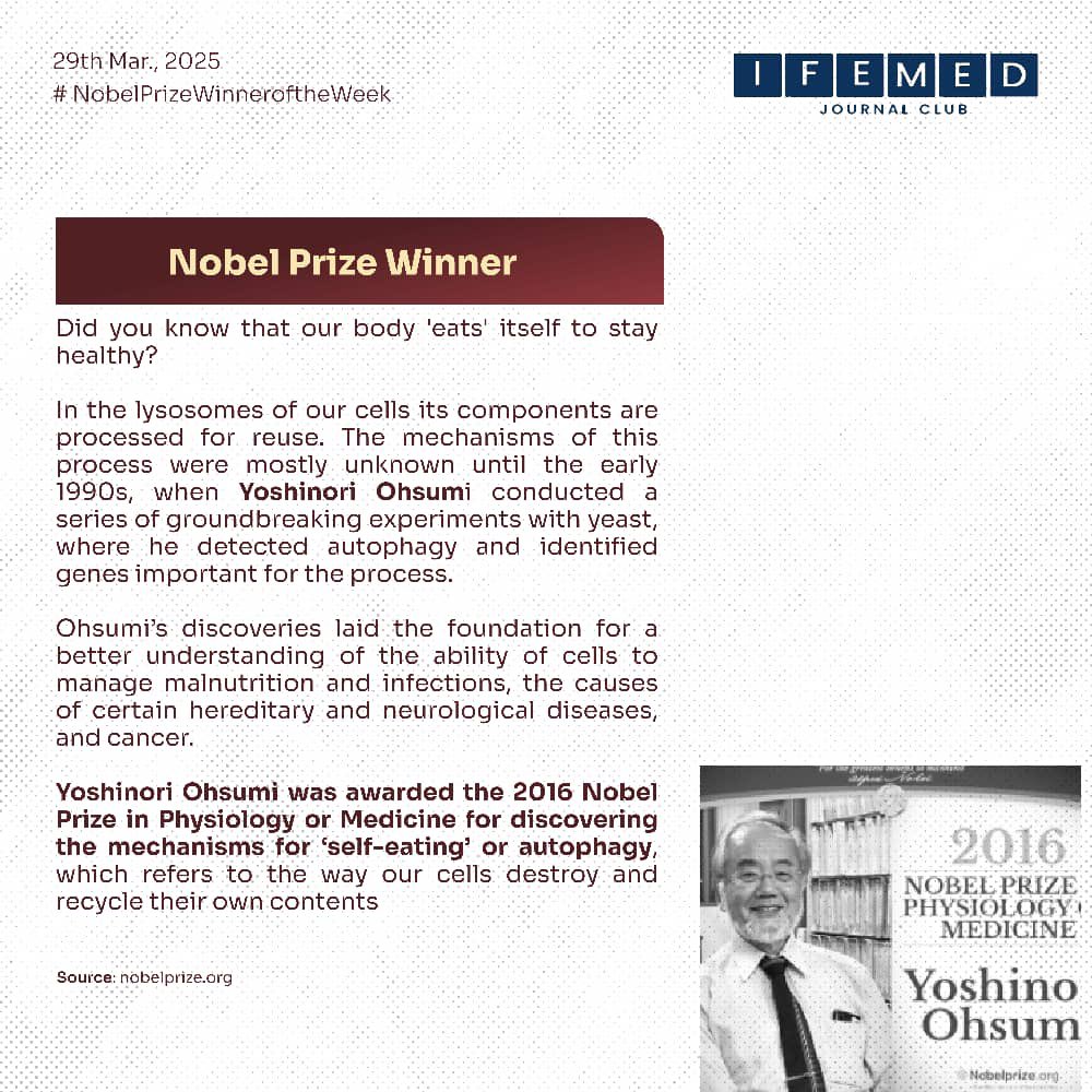 The Nobel Prize in Physiology or Medicine was awarded to Yoshinori Ohsumi in 2016, for his groundbreaking work on autophagy, our body's way of recycling its own components. His discoveries have paved the way for advances in understanding malnutrition, infections, and