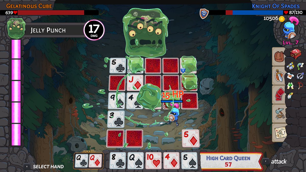 Whoo hoo! It’s Saturday! Here’s a shot of the Knight of Spades taking on a cranky Gelatinous Cube from <a href="/HerosHand/">Hero's Hand</a>.
The team at <a href="/villaingameshq/">villaingameshq</a> are having a blast upping the ante on Poker-based combat! #screenshotsaturday #turnbasedstrategy