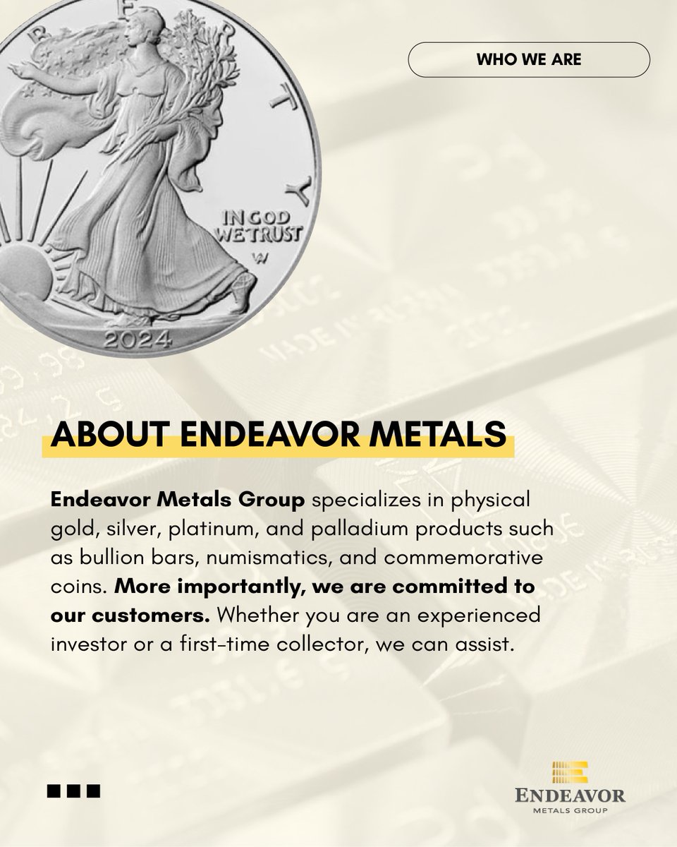MetalsEndeavor's tweet photo. At Endeavor Metals, we do more than just sell bullion!
We help investors make informed choices, backed by expert knowledge and trust.

#preciousmetals #EndeavorMetalsGroup #EndeavorMetals #numismatics #numis #silverbar #gold #goldcoin #silvercoins #platinumcoin #platinumbar https://t.co/AMxQqqomRP