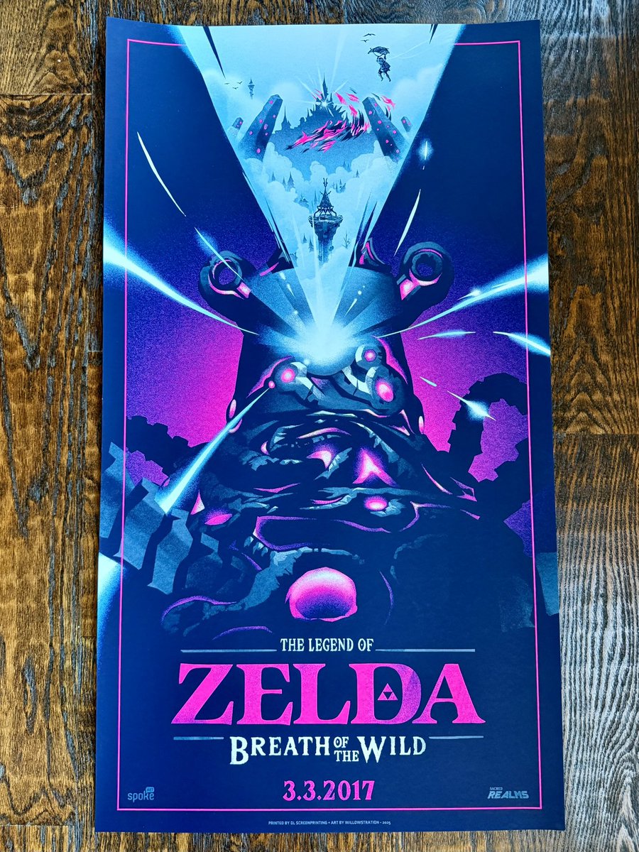 Willowstration's tweet image. A few IRL shots of ‘Breath of the Wild’ on-sale this weekend at #wondercon2025 booth 1957 via Spoke Art! #zelda #thelegendofzelda #breathofthewild #screenprint #gameart