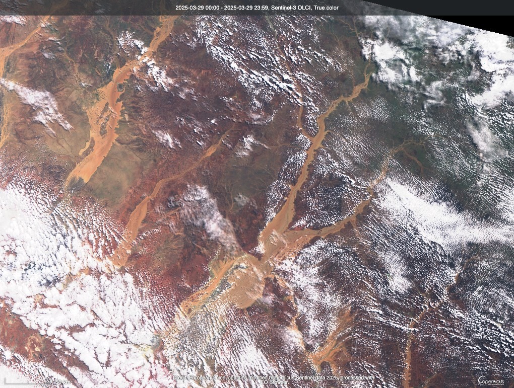 Sentinel-3 imagery of the massive flooding going on in outback Queensland.   

Very easy to see how some of the early explorers of the area convinced themselves that there was an inland sea that all of these rivers led to.  link.dataspace.copernicus.eu/pf7b