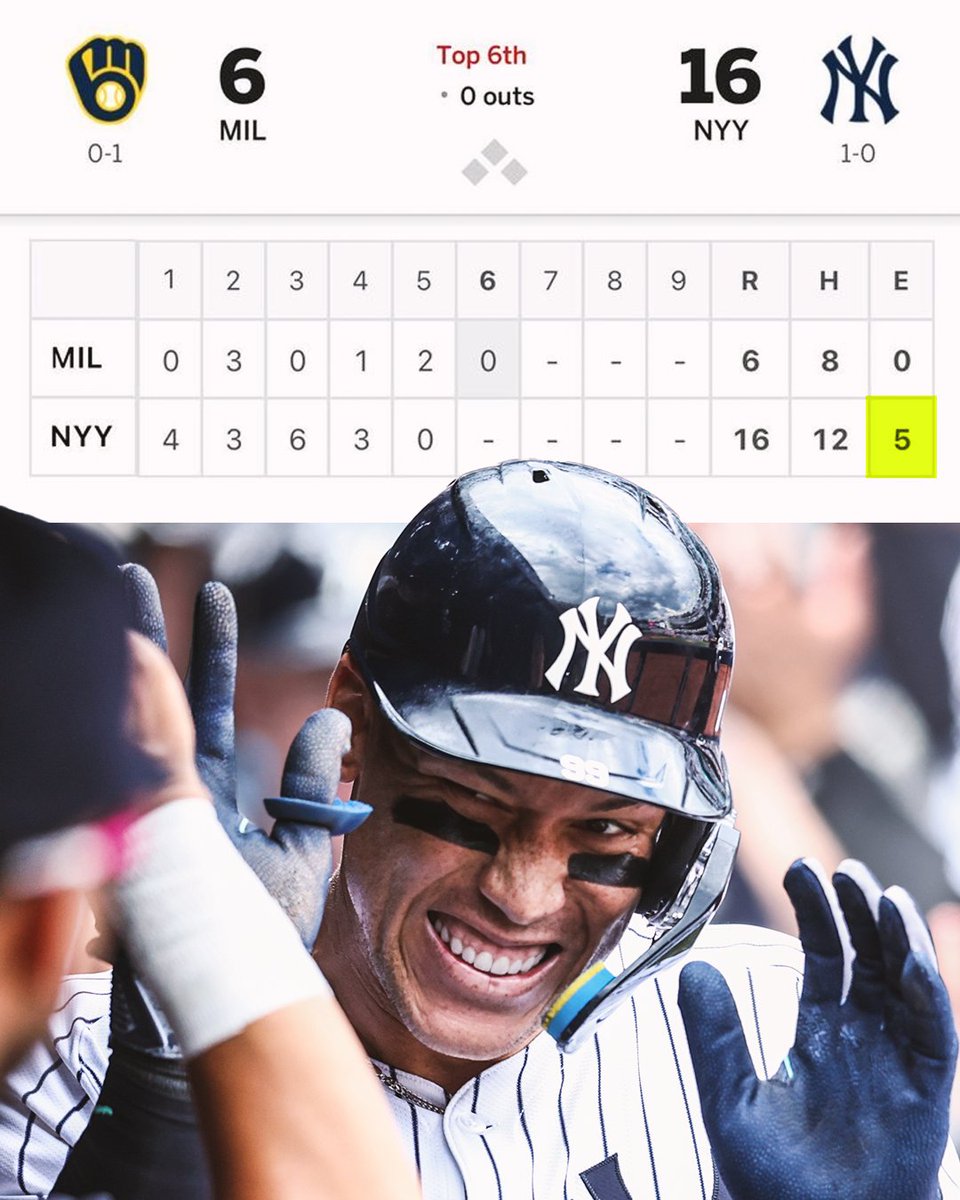 DKSports's tweet photo. The New York Yankees:

▪️5 Errors
▪️Up by 10 Runs

And it's the 6th inning🤷‍♂️ https://t.co/BjYEWS873J