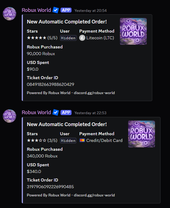 uhCruise's tweet photo. 1) This is /robux-world, owned by 'orange.ik' on Discord. He runs a discord server with 12,000 people in it, where he sells Robux at the rates of $1/R$1,000. 

He uses fake vouches, custom discord bots and professional embeds to lure in customers. https://t.co/e7CfTdwgrO