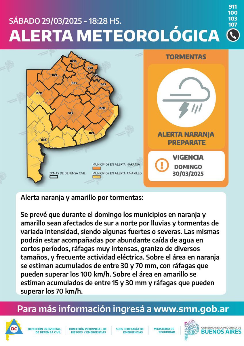 ⚠️ Atención | 🟠 Alerta Naranja por tormentas ⛈️

El #SMN amplió el área de alerta. Se esperan tormentas severas, ráfagas intensas y actividad eléctrica. Extremá las precauciones ⛔️.

📲 Mantenete informado con tu municipio o Defensa Civil local ⬇️
<a href="/SMN_Argentina/">SMN Argentina</a>