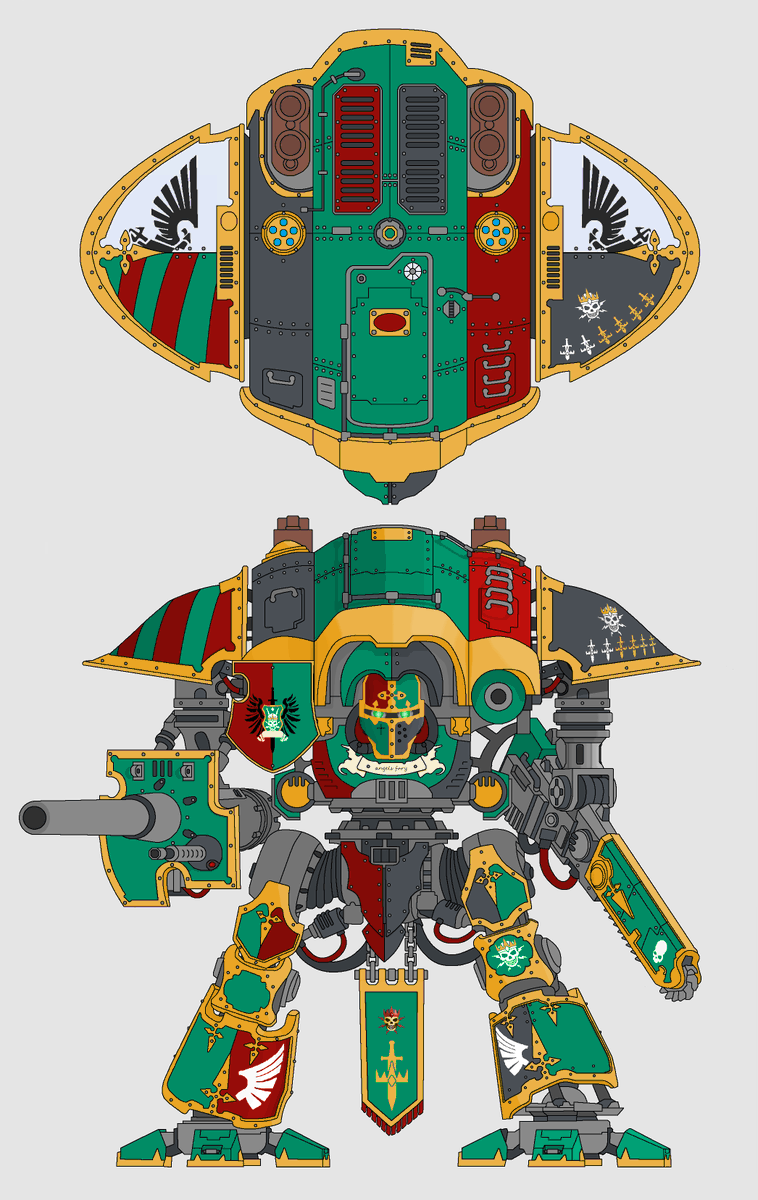 TheTopofHatThe's tweet photo. A bit over a year ago my brother sent me this(first image, its a template of an imperial knight from wh40k that he tried to fill in) and told me to fix it for him, so I spent almost a year on it and now it is this(second image) and I feel like I should show it somewhere https://t.co/vjeBbCHzg9