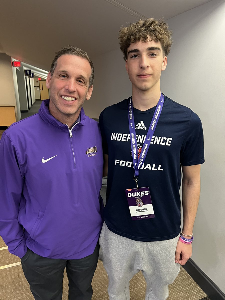 Nick Nassib (@nicknassib) on Twitter photo Had a great visit <a href="/JMUFootball/">JMU Football</a>. Loved the energy at practice! Thanks to <a href="/coachdc34/">Drew Canan</a> for the invite. Can’t wait to be back!
<a href="/rjwindows/">RJ Windows</a> <a href="/IndyHSFootball/">Independence HS Football</a> <a href="/Coach_DKennedy/">Dean Kennedy</a> <a href="/CoachDaily1/">Curtis Daily</a> <a href="/QBUselect/">QBU Select</a> <a href="/QBHitList/">QBHitList.com</a> <a href="/T_Money4699/">Mickey Thompson</a> Had a great visit <a href="/JMUFootball/">JMU Football</a>. Loved the energy at practice! Thanks to <a href="/coachdc34/">Drew Canan</a> for the invite. Can’t wait to be back!
<a href="/rjwindows/">RJ Windows</a> <a href="/IndyHSFootball/">Independence HS Football</a> <a href="/Coach_DKennedy/">Dean Kennedy</a> <a href="/CoachDaily1/">Curtis Daily</a> <a href="/QBUselect/">QBU Select</a> <a href="/QBHitList/">QBHitList.com</a> <a href="/T_Money4699/">Mickey Thompson</a>