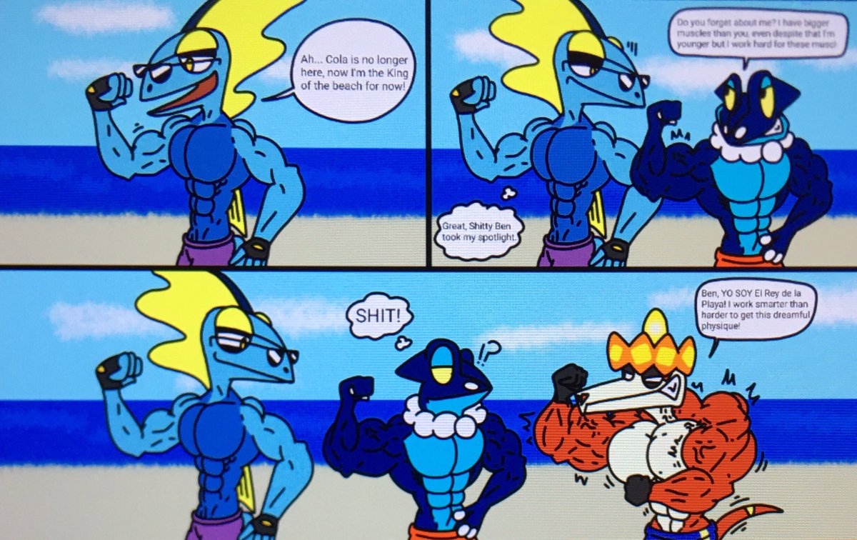 King of the Beach (Funny Minicomic) #Inteleon #Frogadier #Crocalor

Jone is Buff but still lanky. Ben is buffer but not as Buff as Flame’s…

Based of this <a href="/mctaylis/">McTaylis 😜🦎</a> comic which is funny:
deviantart.com/mctaylis/art/Y…