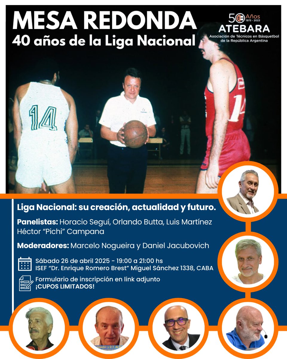 Con motivo de cumplirse 40 años del comienzo de la Liga Nacional, ATEBARA organiza una Mesa redonda  de lujo.
Inscribite en: 
forms.gle/LCDKHfoZUsnZsh…
Colaborá con tu asociación por sólo $ 10.000.- ANUALES  atebara.paypertic.com.ar