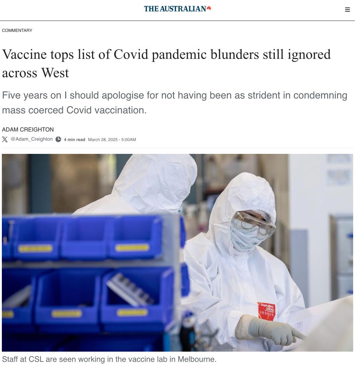 "While the range of tolerated public commentary has shifted since the crazy years of 2020 and 2021, not enough public criticism is directed at de facto compulsory Covid vaccination. The policy was wrong in principle. The supposedly “safe and effective” products clearly failed to