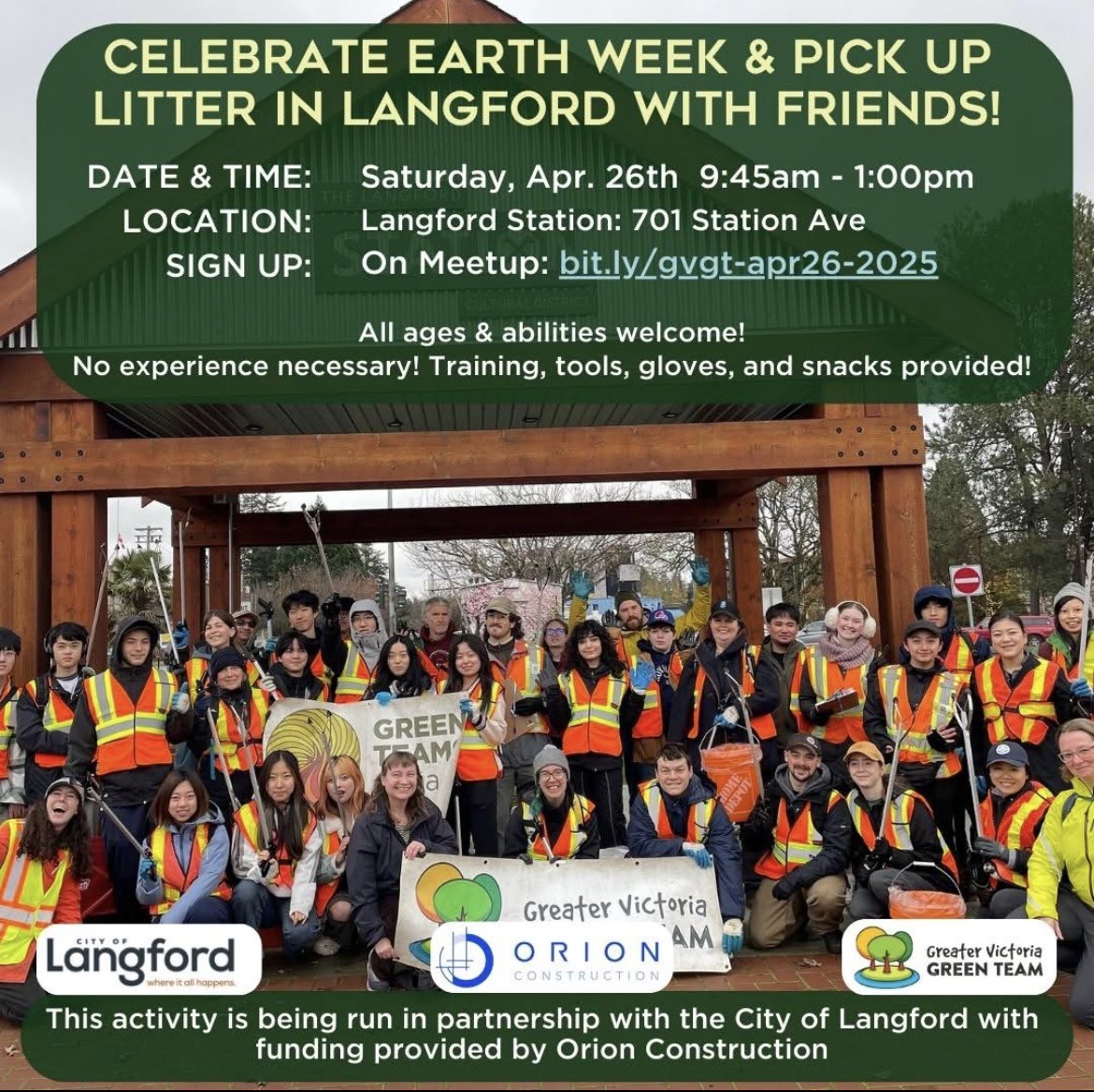 Join us on Sat. April 26 for a litter clean up! Celebrate Earth Week with friends &amp; improve the health of the city! 
Details &amp; sign up: bit.ly/gvgt-apr26-2025

Thank you City of Langford &amp; Orion Construction for helping make this possible!