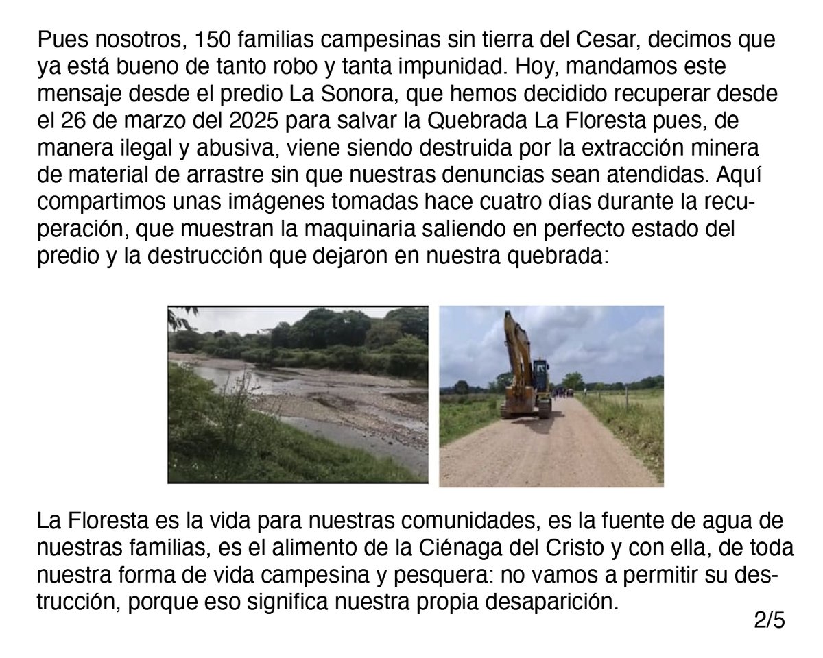 rueda_suelta's tweet photo. "...Hoy mandamos este mensaje desde el predio #LaSonora que hemos decidido recuperar (...) para salvar la Quebrada La Floresta pues, de manera ilegal y abusiva, viene siendo destruida por la extracción minera de material de arrastre sin que nuestras denuncias sean atendidas..." + https://t.co/0Ql4llTI8J