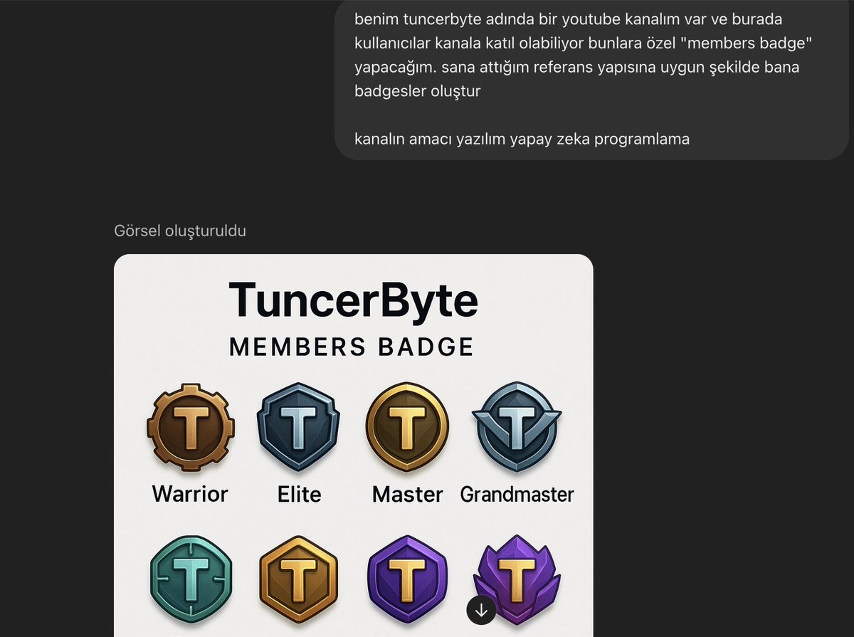 Chatgptye gelen resim özelliği sayesinde çok farklı şekilde kullanım alanları doğdu. Bende youtube kanalım için bir "Memberships Badges" kısmı için bir tasarım yaptırttım. Gerçekten güzel sonuçlar veriyor ve kullanım alanı sizin hayalgücünüze kalmış
