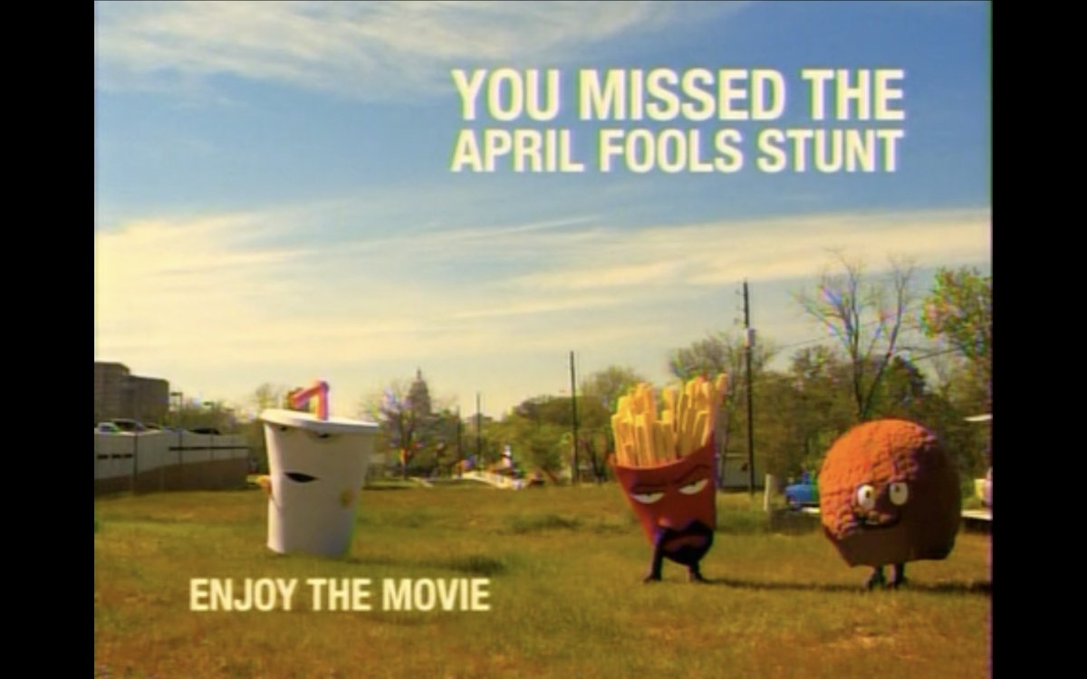 Tune in tonight at midnight for #AdultSwim's annual April Fools' Day prank! 

What was your favorite stunt?

For example, in 2008 they aired a night of sneak peeks, including premieres of The Venture Bros., Delocated, Superjail!, The Young Person's Guide to History, and more!
