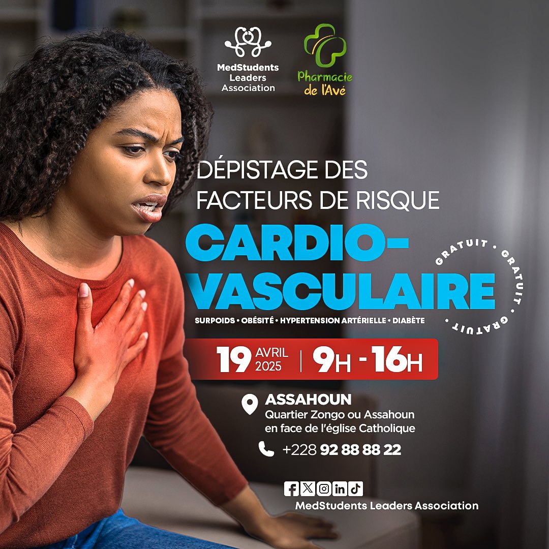 medstud_lead's tweet photo. Prenez soin de votre santé  , c'est vital !!
Le 19 avril 2025, de 9h à 16h, rejoignez-nous à Assahoun pour un dépistage gratuit des facteurs de risque cardiovasculaires.
Au Quartier Zongo ou Assahoun, en face de l’église catholique #prevention
#Hypertension #Diabète 
RT apprécié https://t.co/1mx4k1t5ek