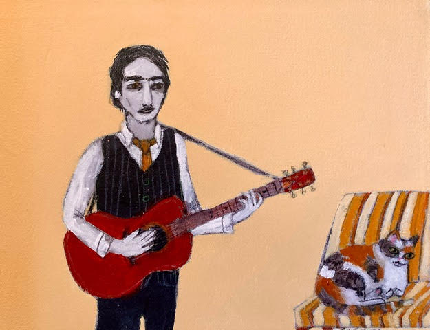 MAD_KAT_Gallery's tweet photo. Palm Springs painter Jill Emery works often feature a musical theme. Not surprising given Jill was the bassist in Hole, Mazzy Star, and the Super Heroines. Jill is one of 17 recording artists that also do visual art in SOUND &amp; VISION 2025 at MAD.KAT through Saturday, April 12. https://t.co/V5Nlbyt7TT