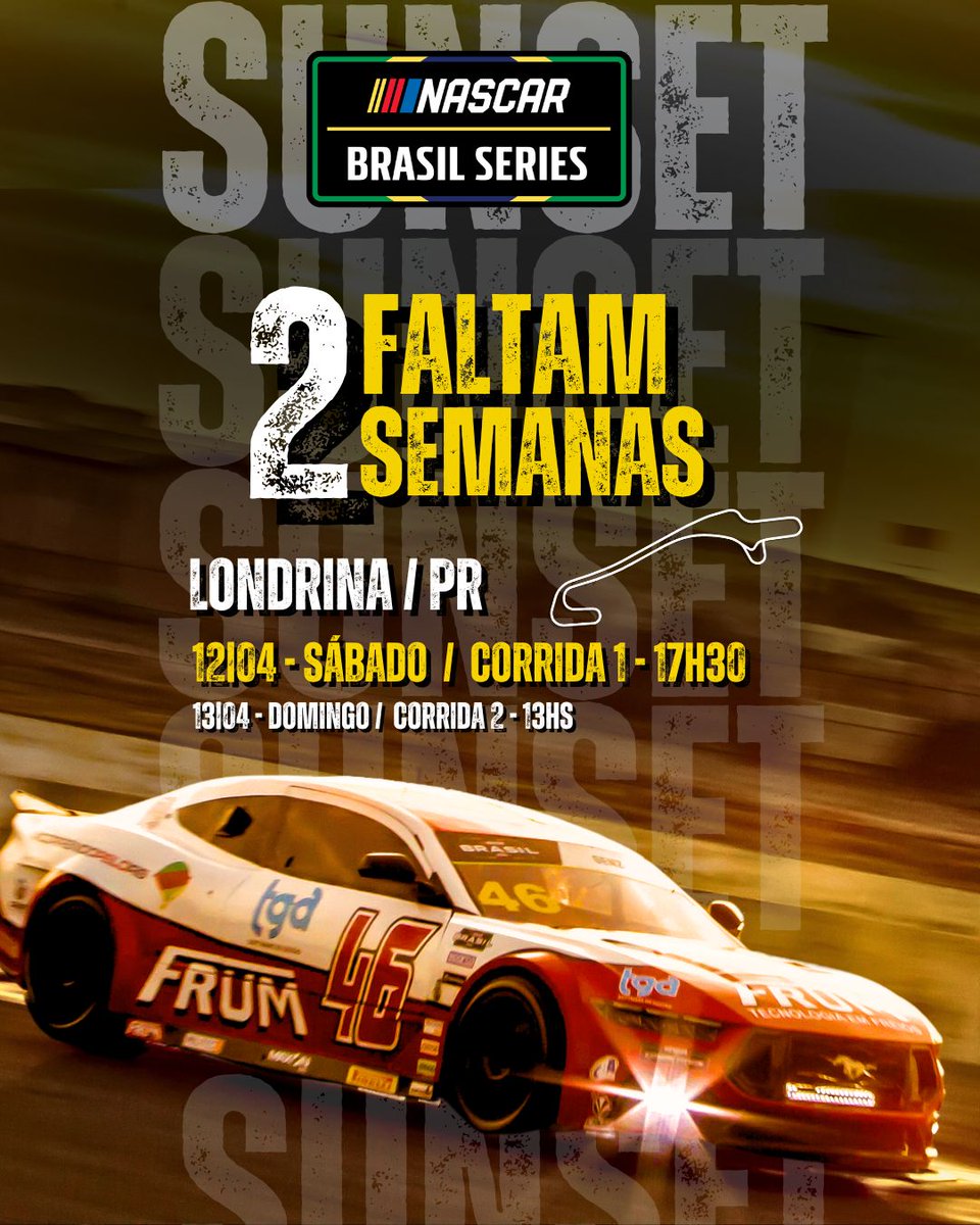NASCARBrasil's tweet photo. Daqui apenas duas semanas, a @NASCARBrasil vai acelerar na corrida #SunsetRace no @autodromodelondrina, no sábado, 12/04, a partir das 17h30.

A corrida 2 da segunda etapa será no domingo, 13/04, às 13 horas.

🔗 Ingressos: vendas em breve

#NASCARBrasil  #Londrina #temporada2025 https://t.co/ugm3YnUjkt