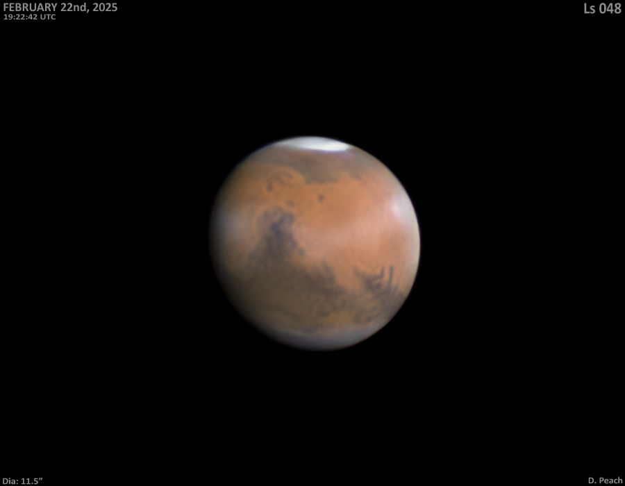 Mars on February 22nd. Excellent  seeing. A nice equatorial cloud band is present extending from Elysium,  across Libya and Syrtis Major to the Aeria desert on the terminator.  C14 with Saturn M-SQR camera.
