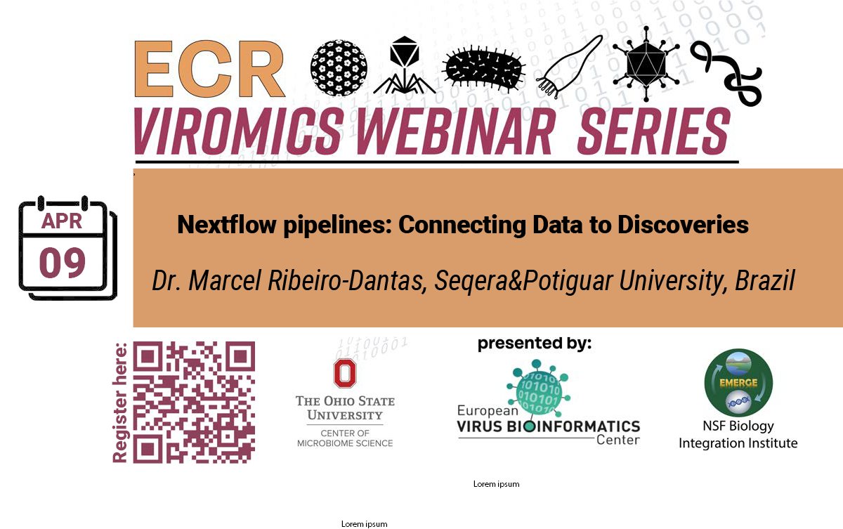 EVirusBioinfC's tweet image. 🧬 ECR Viromics Webinar Series 🎙️
Join us on April 9, 2025, for an exciting talk by @MarcelRibeiroDantas &quot;Nextflow Pipelines: Connecting Data to Discoveries&quot;
📅 Time: 10 AM EST | 4 PM CET
🔗 Register: evbc.uni-jena.de/events/ecr-vir…
 #Nextflow #VirusBioinformatics #Bioinformatics #Seqera