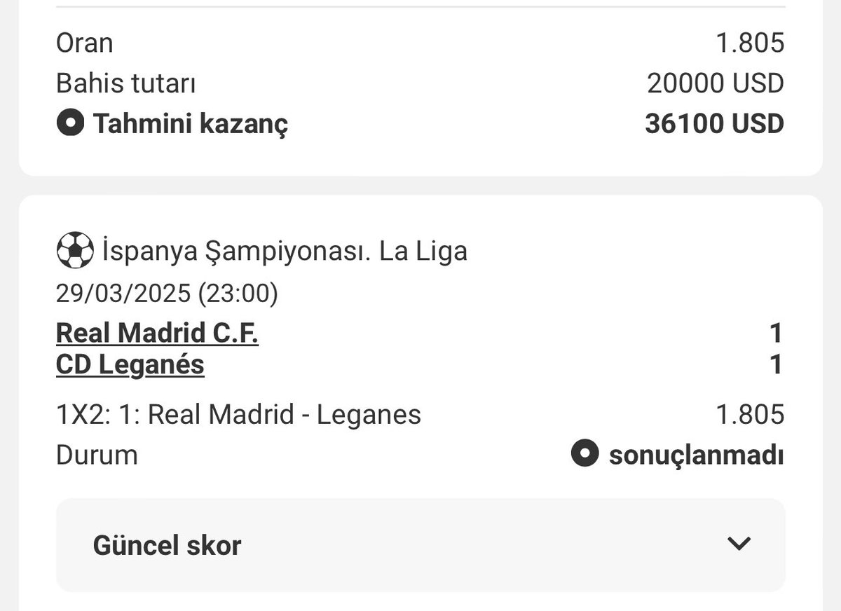 Real Madrid - Leganes maçında Real kazanır bahsine tam 760.000 TL bastım. Buda kazanırsa fav atıp yoruma nokta koyan 8 takipçime daha dm den toplu ödül yollayacağım.