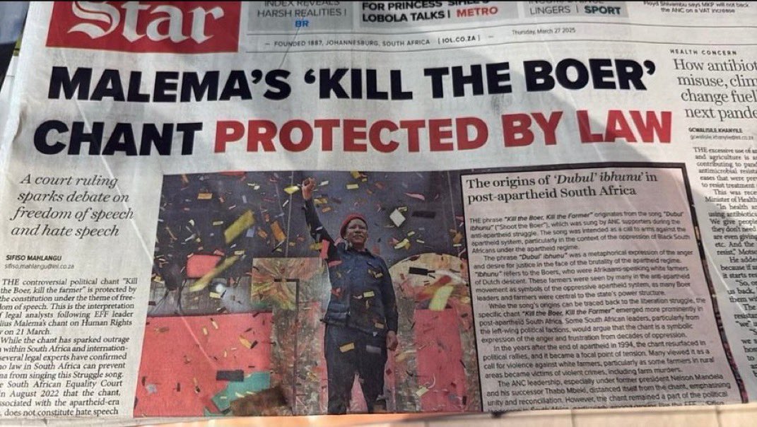 This week the highest court in South Africa, the constitutional court, ruled that the hate song Kill the Boer/white farmer is protected by law, and perfectly fine to be chanted.
The same court that ruled that black people can sing about the killing and shooting of white farmers,