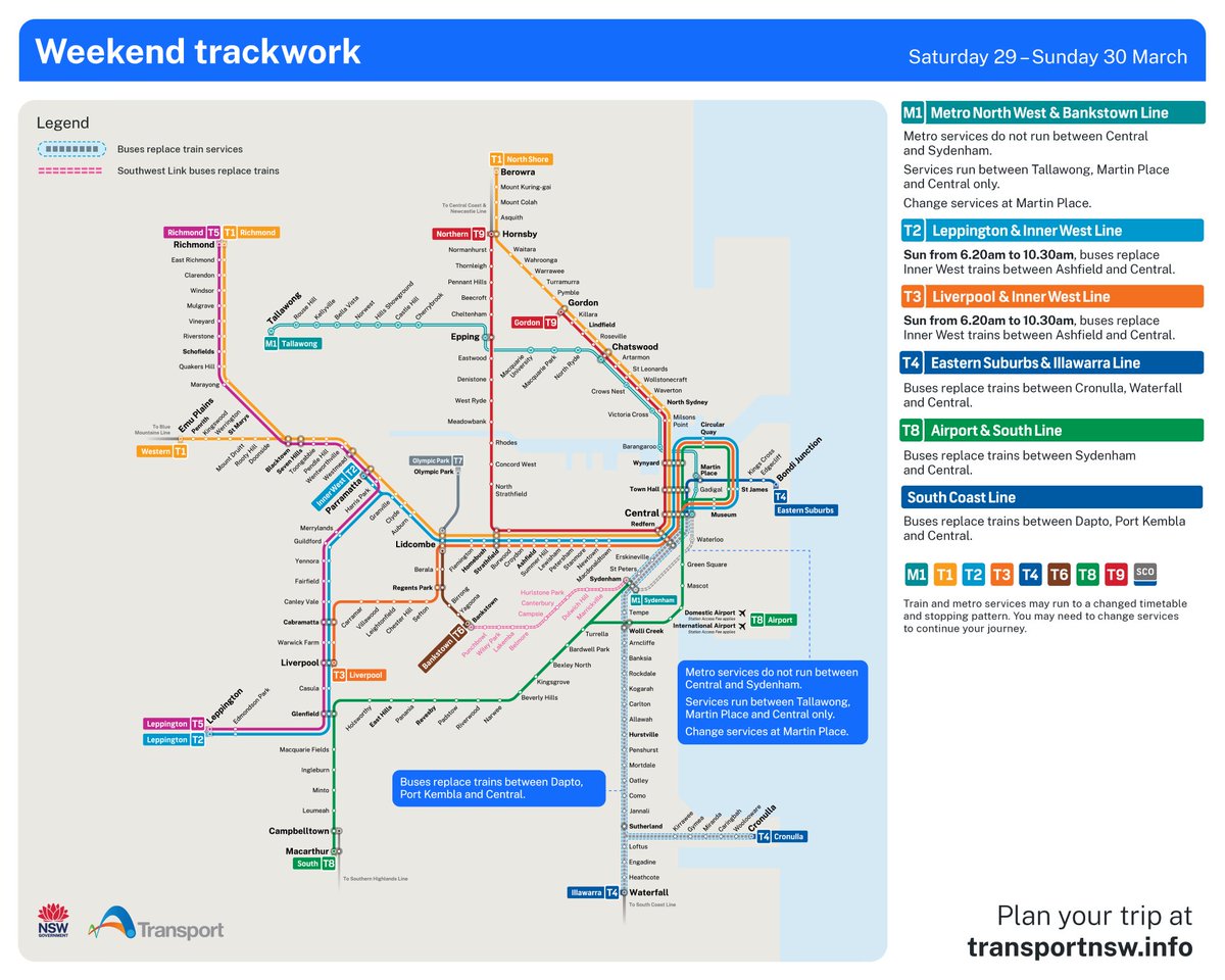 Are you travelling on the T4 Line this weekend?

🚍 Buses replace trains between Cronulla, Waterfall and Central. Some buses start and end at Redfern.
Trains run between Central and Bondi Junction, to a changed timetable.

More info transportnsw.info/alerts/details…