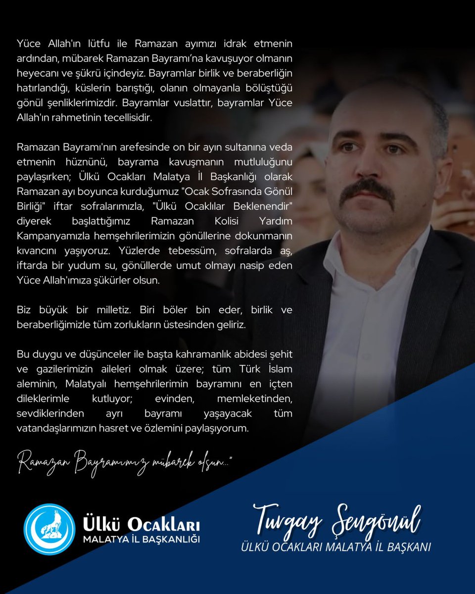Başkan Şengönül: Bayramlar Yüce Allah'ın Rahmetinin Tecellisidir  malatyaeksenhaber.com/mobil/haber/ba… 
<a href="/LutfuNebioglu/">Lütfü Nebioğlu</a> 
<a href="/turgaysengonul/">Turgay Şengönül</a>