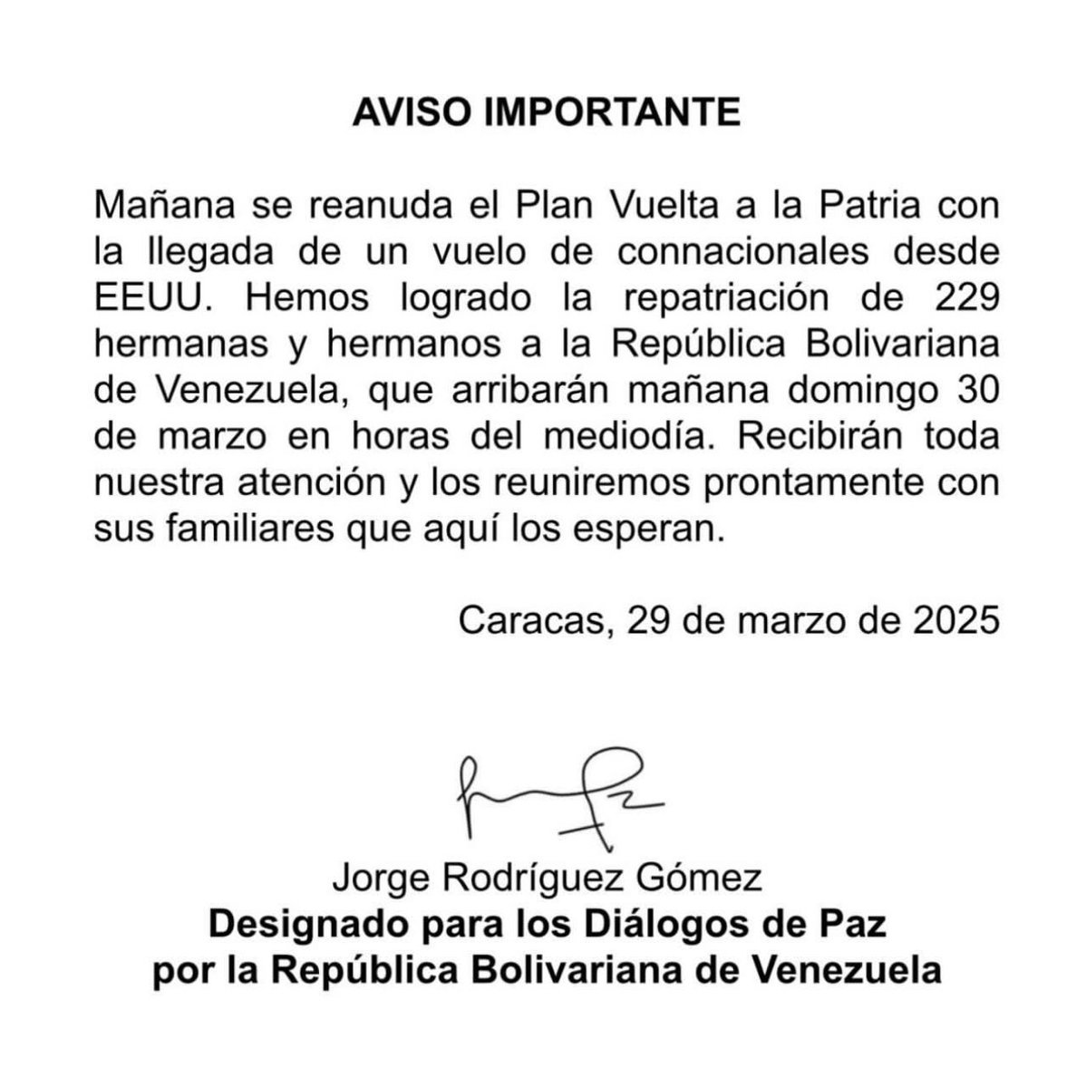 #ÚltimoMinuto| siguen las repatriaciones. 

Jorge Rodríguez, informó que este domingo llegan 229 migrantes venezolanos provenientes de EEUU.