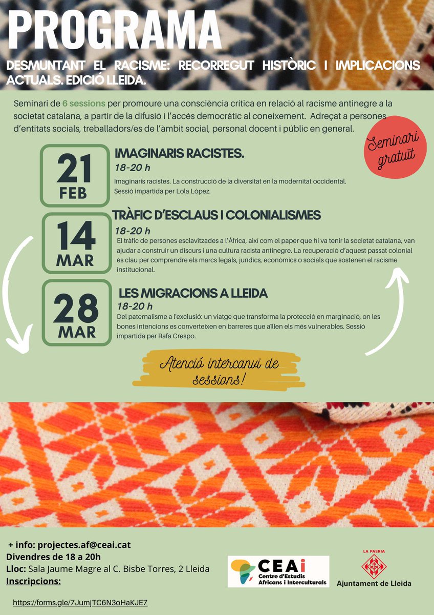 Divendres 28 tercera sessió del seminari “Desmuntant el racisme. Recorregut històric i implicacions actuals”, edició a Lleida. A càrrec de Jordi Sant. Va parlar sobre tràfic d'esclaus i colonialisme