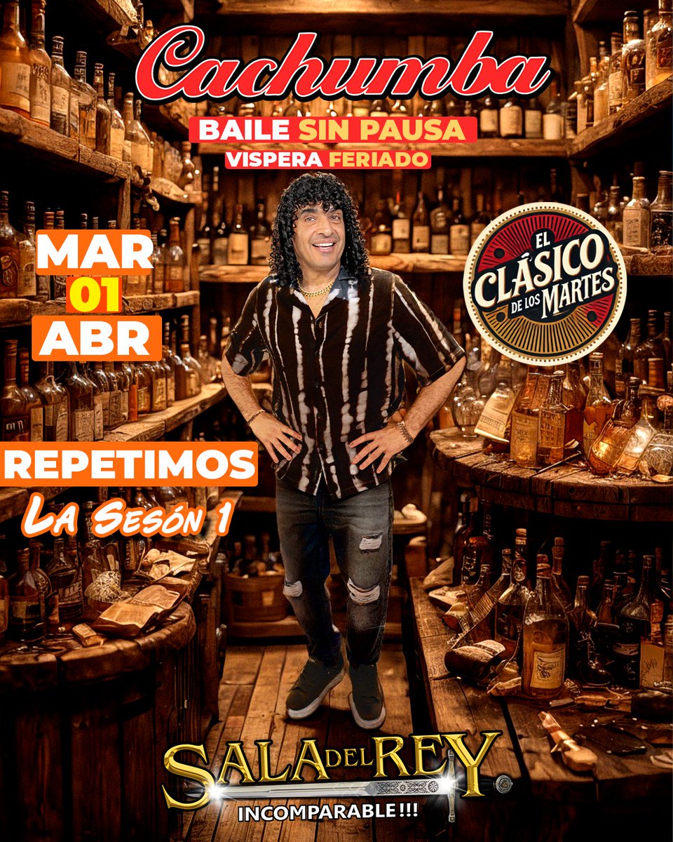 🔥 Cachumba te invita a un BAILE SIN PAUSA este martes 1 de abril,  VISPERA DE FERIADO, en la Sala del Rey.
💥 ¡Repetimos LA SESÓN 1, IMPERDIBLE!

🎟️ Gestiona tu invitación SIN CARGO hasta la 01:30 hs 👉 vivetix.com/es/entradas-ca…