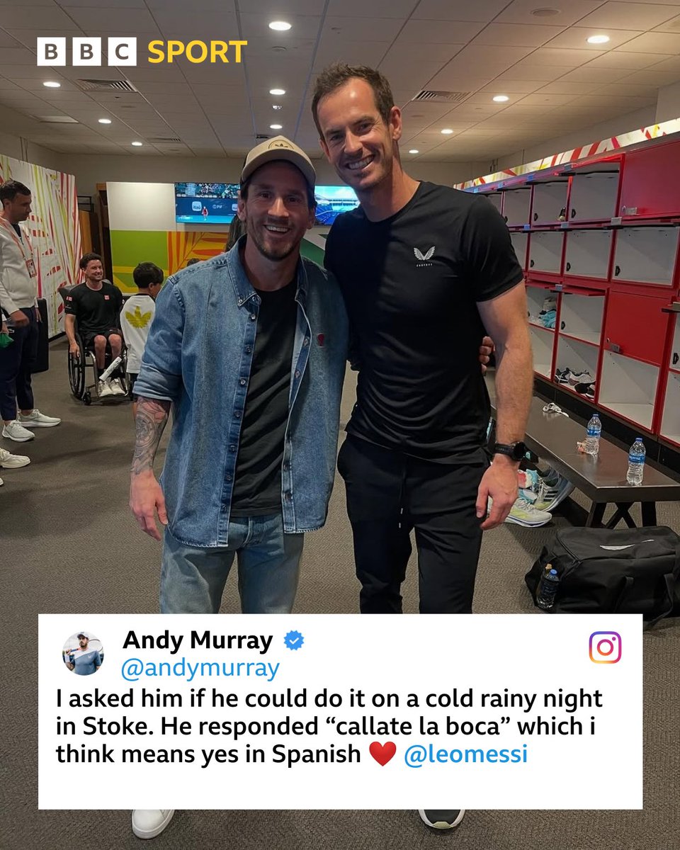 BBCSport's tweet image. Andy Murray asking Lionel Messi the question that we all want the answer to 😂