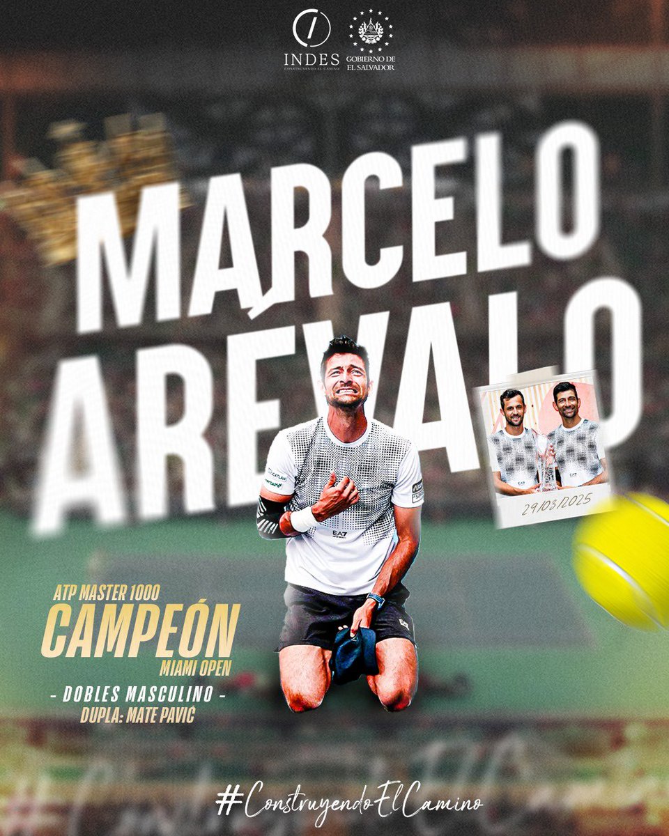INDES El Salvador (@indeselsalvador) on Twitter photo ¡Felicidades, <a href="/CheloArevaloATP/">Marcelo Arevalo</a>! 👑🇸🇻🎾
Con ustedes, el nuevo campeón de dobles masculino del Miami Open 2025.
Con este resultado, junto a su compañero Mate Pavić, el tenista salvadoreño consigue su segundo título del año.
¡Qué se vengan más éxitos! 🔥👊 ¡Felicidades, <a href="/CheloArevaloATP/">Marcelo Arevalo</a>! 👑🇸🇻🎾
Con ustedes, el nuevo campeón de dobles masculino del Miami Open 2025.
Con este resultado, junto a su compañero Mate Pavić, el tenista salvadoreño consigue su segundo título del año.
¡Qué se vengan más éxitos! 🔥👊