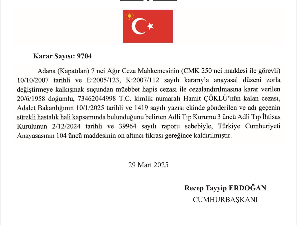 Cumhurbaşkanı Erdoğan, Hizbullah davasında ağırlaştırılmış müebbet hapis cezasına çarptırılan Şehmus Alpsoy (56) ve Hamit Çöklü’nün (67) cezalarını sürekli hastalık gerekçesiyle affetti.