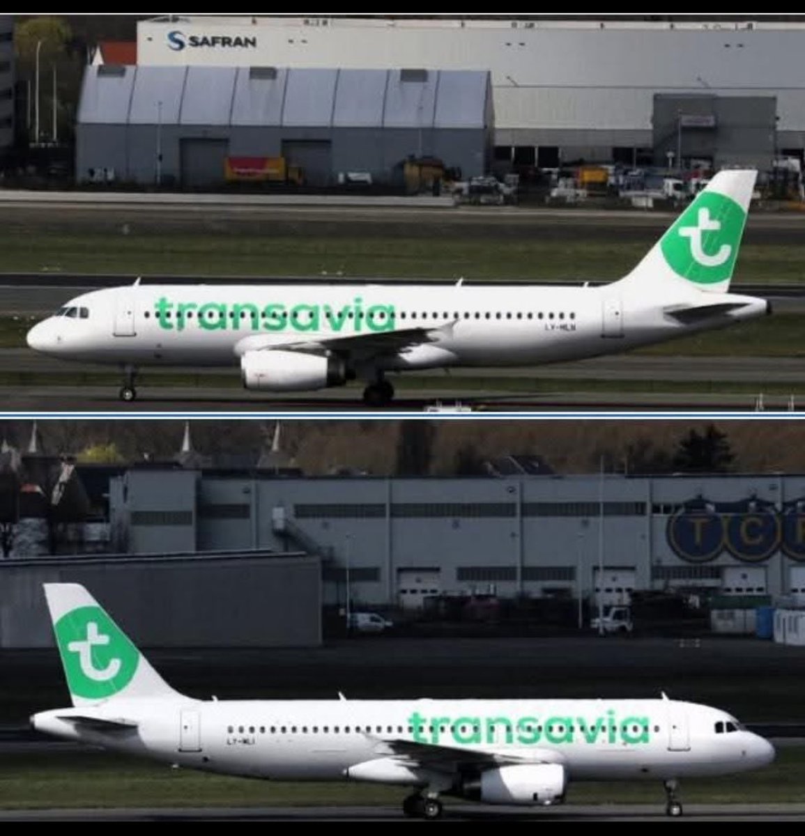 Transavia leases five A320s from Avion Express: LY-MLI, MLK, MLN, NVL, NVN. Three based at Brussels. Two at Rotterdam. Two seen on this photo. All with tail logo and large titles.