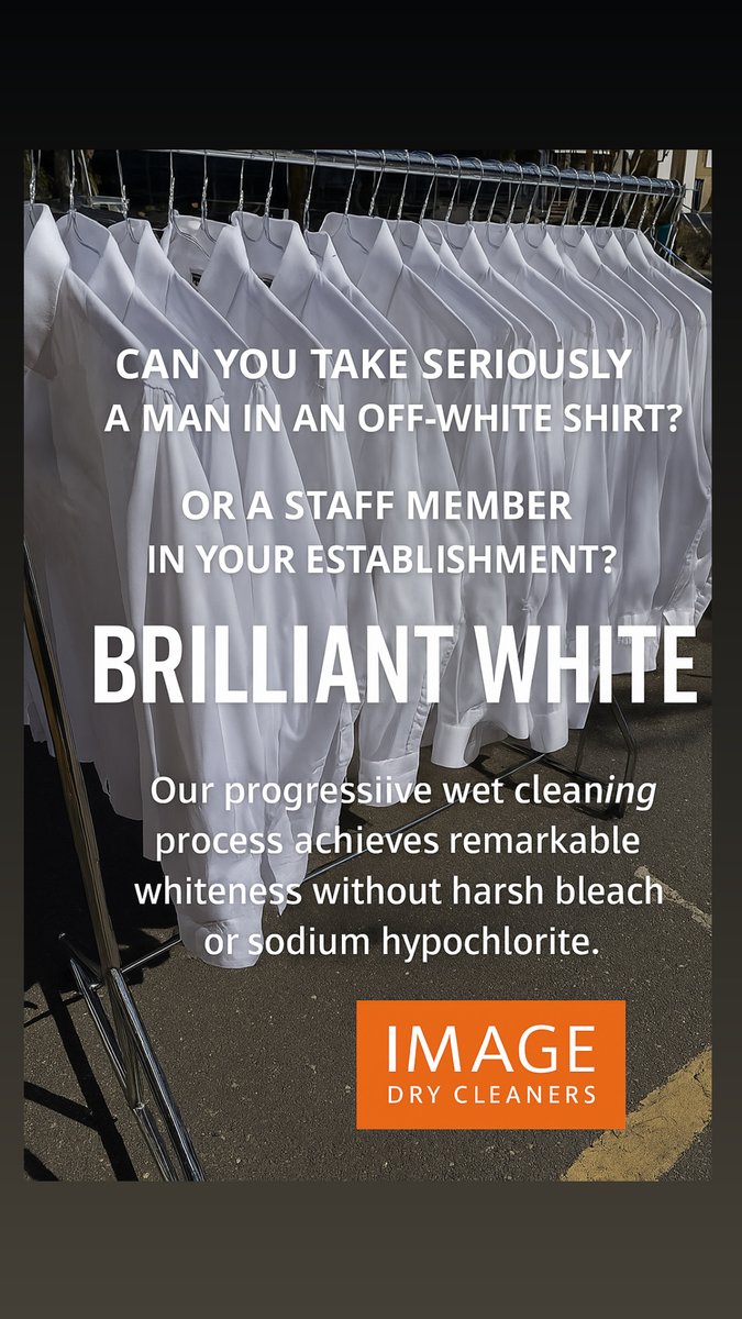 Can you take someone seriously in an off-white shirt?

At IMAGE Dry Cleaners, we restore brilliance—no bleach, no shortcuts.

✅ Wet cleaning tech
✅ Collar &amp; cuff perfection
✅ Hand-finished press
Perception is everything. We make it flawless.