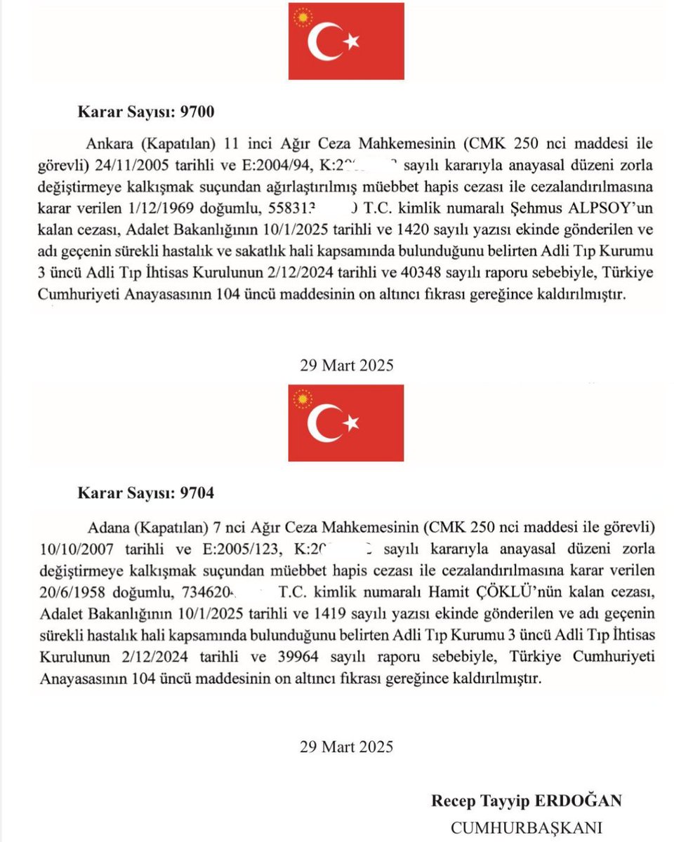Cumhurbaşkanı Erdoğan, Hizbullah davasında ağırlaştırılmış müebbet cezasına çarptırılan Şehmus Alpsoy ve Hamit Çöklü'nün cezalarını sürekli hastalık gerekçesiyle affetti.