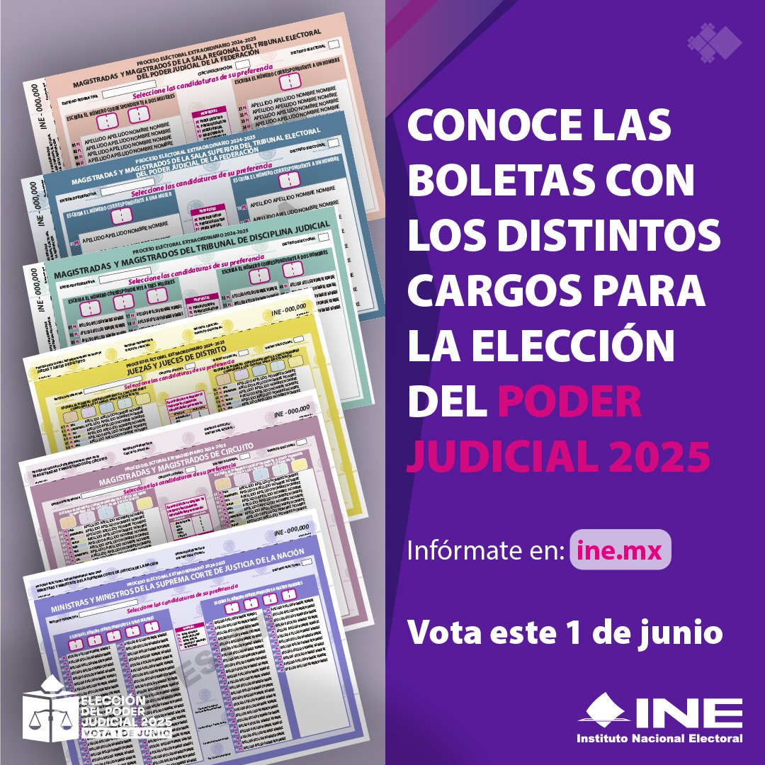 ¡Conoce las boletas con las que votarás este 1 de junio! Podrás elegir a las personas que integrarán el Poder Judicial. Infórmate y conoce a tus candidatas y candidatos para tomar una decisión informada.

Más detalles en: ine.mx