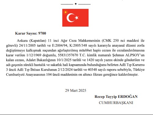 Haber's tweet photo. RESMİ GAZETE | Hizbullah davaları kapsamında ağırlaştırılmış müebbet cezası alan Şehmus Alpsoy (56) ve müebbet cezası alan Hamit Çöklü'nün (67) kalan cezaları, 'sürekli hastalık' gerekçesiyle Cumhurbaşkanı Erdoğan'ın imzasıyla affedildi. https://t.co/V3MNpGSWEO