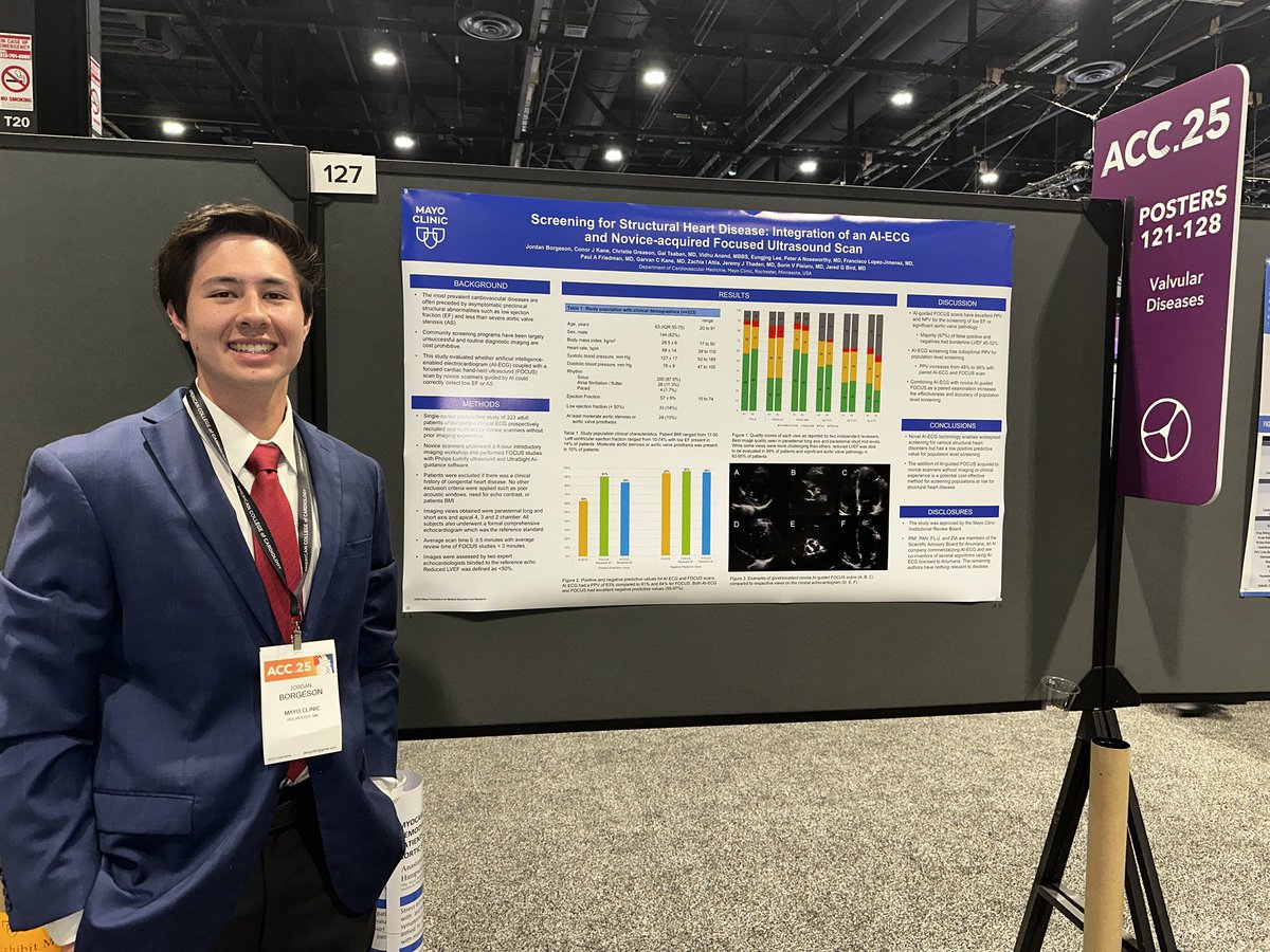 Jordon Borgeson at #ACC25 presenting his work: novice US users using <a href="/UltraSightAI/">UltraSight</a> and #MayoEchoAI integrated with Mayo AI ECG to diagnose structural heart disease 
<a href="/MayoClinicCV/">Mayo Clinic CV</a>