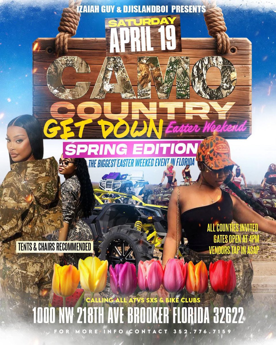 Easter Weekend Show Down 🐣 The Biggest Camo Country Get Down Of The Spring 🌷Bring Your Tents,Chairs,ATVs &amp; SXS! Don’t Forget Your Fans Because We Line Dancing All Day 💃🏽!

Vendors Contact 3527767159 📲 
(Only A Couple Spots Left)
Yes You Can Pay At The Gate, 
(CASH ONLY,