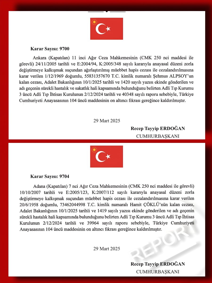 Cumhurbaşkanı Erdoğan, özel yetkisini kullanarak Hizbullah davasında ağırlaştırılmış müebbet hapis cezası alan Şehmus Alpsoy ve Hamit Çöklü’nün cezalarını sürekli hastalık gerekçesiyle affetti.
