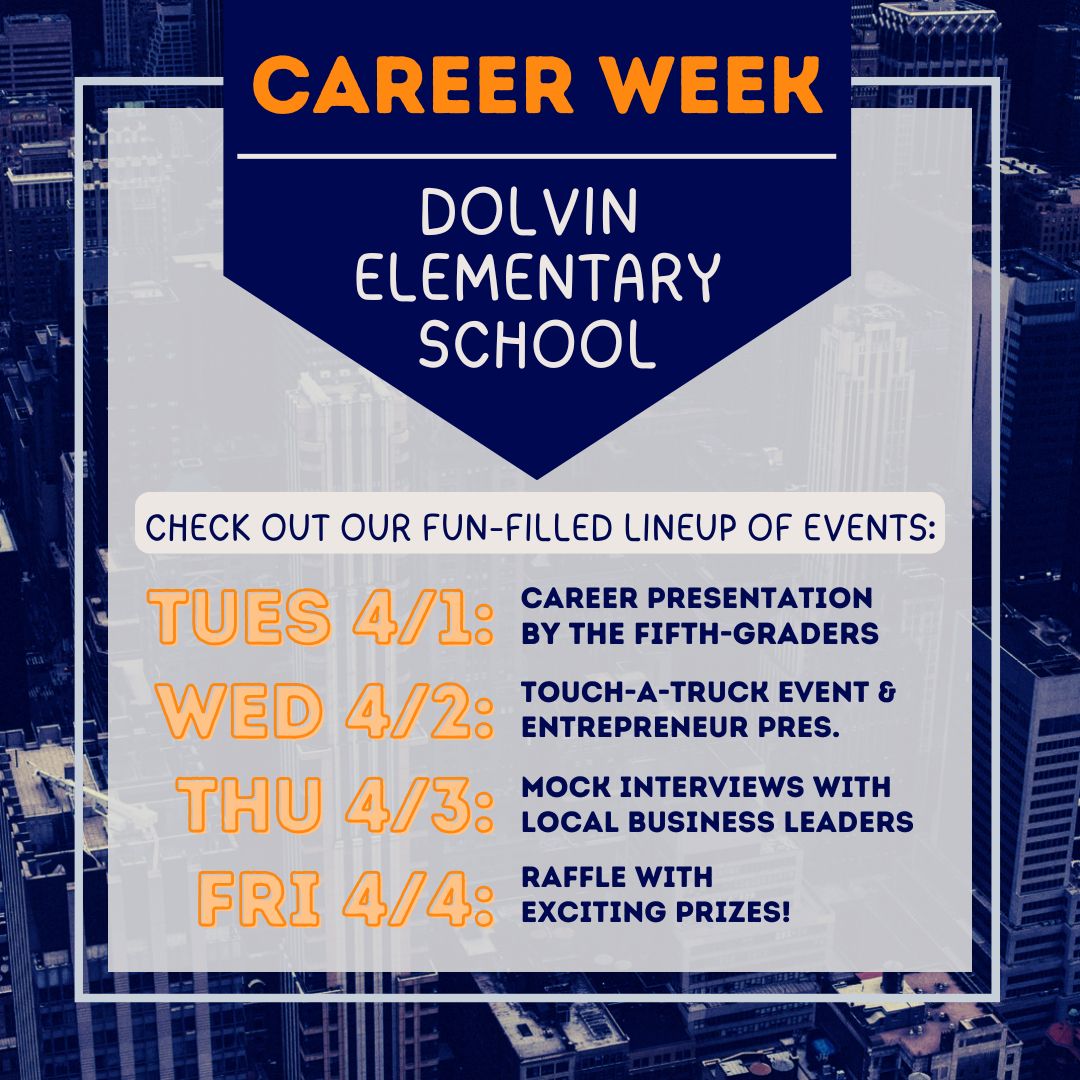 Our #DolvINcredible Career Week starts Monday! 
We have a digital resource hub to get kids learning about careers, a Touch a Truck event, and presentations from TWO successful Shark Tank alums! 🤩 And a drawing on Friday for 30+ career-focused prizes - a winner in each class!