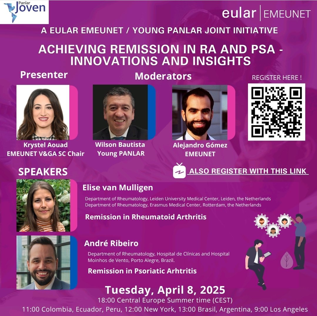 André Ribeiro (@dr_andreribeiro) on Twitter photo On April 8th, PANLAR and EMEUNET will meet to have a great discussion about remission in RA and PsA. Do not miss this opportunity!
Registration by QR code.
<a href="/EMEUNET/">EMEUNET</a>
<a href="/krystelaouad/">Krystel Aouad</a> <a href="/agomezreuma/">Alejandro Gómez Gómez</a> <a href="/WilsonBautistaM/">WilsonBautistaM</a> <a href="/PanlarJ/">PANLAR joven</a> <a href="/PanlarLeague/">Panlar</a> <a href="/reumacia/">Cristina Macía</a> <a href="/Asoreuma/">Asoreuma</a> <a href="/GrappaO/">GRAPPA Network - Official</a> On April 8th, PANLAR and EMEUNET will meet to have a great discussion about remission in RA and PsA. Do not miss this opportunity!
Registration by QR code.
<a href="/EMEUNET/">EMEUNET</a>
<a href="/krystelaouad/">Krystel Aouad</a> <a href="/agomezreuma/">Alejandro Gómez Gómez</a> <a href="/WilsonBautistaM/">WilsonBautistaM</a> <a href="/PanlarJ/">PANLAR joven</a> <a href="/PanlarLeague/">Panlar</a> <a href="/reumacia/">Cristina Macía</a> <a href="/Asoreuma/">Asoreuma</a> <a href="/GrappaO/">GRAPPA Network - Official</a>